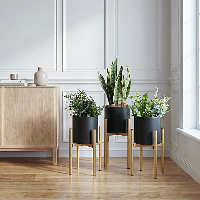 Metal Plant Pot with Drainage Hole,Mid Century Modern 7 inch Round Pot Indoor Outdoor Planters Gift for Decorative Pots of Tabletop Living Room Bedroom Black