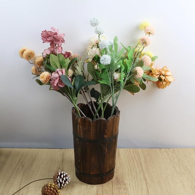 MY MIRONEY Wooden Barrel Planter Vintage Style Wood Bucket Rustic Garden Flower Plant Pots Container, Wave Mouth, 5.63" x 8.86"