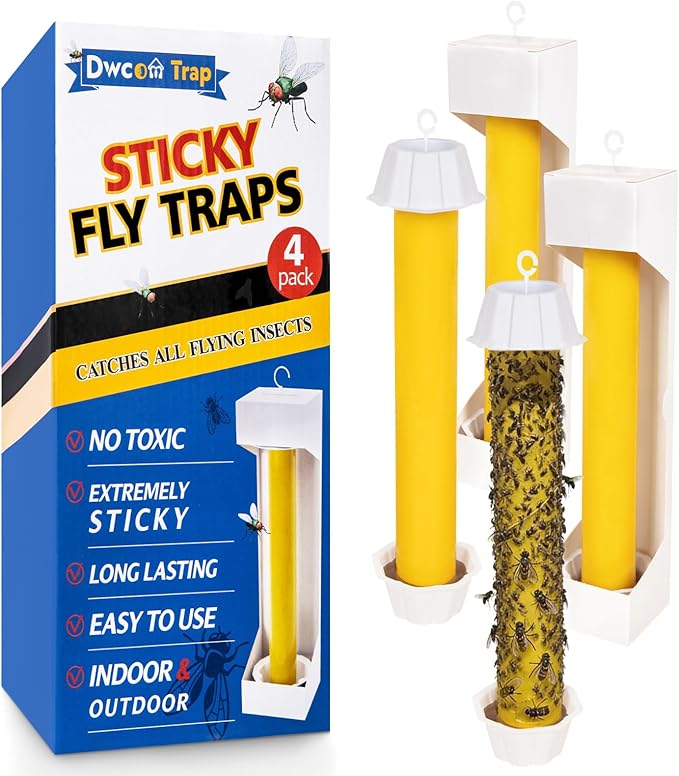 Sticky Fly Traps Indoors & Outdoor 4pk, Fly Stick Catcher Strips for Gnats, House Flying Insect, Super Sticky Hanging Fly Trap Paper Tape Indoor Outdoor