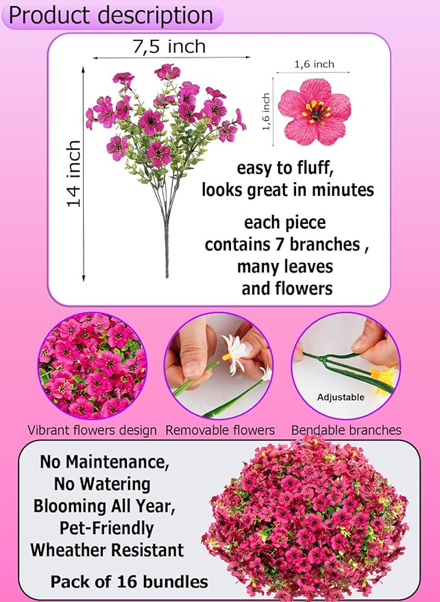 AXYLEX Artificial Flowers for Outdoors Fake Plants - 16 Bundles Faux Outside Greenery Boxwood No Fade Plastic Shrubs Fall Decor Farmhouse Home Garden Thanksgiving Mums (PureRed)