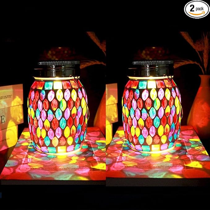2pack Solar Mosaic Outdoor Waterproof Cool Blue Mosaic jar Decor Christmas Gifts for Women Mom Grandma Halloween Hanging Solar Lights Decoration Outside for Yard, Patio,Backyard,Porch (Modern)