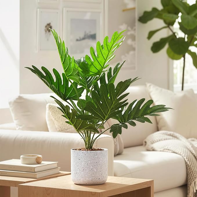 17.7" Philodendron Fake Plants 2 Pack, Artificial Plants Indoor for Home Decor, Faux Green Bonsai Tree in Pot, Cement Moss Base, Evergreen Fake Plants for Living Room & Office