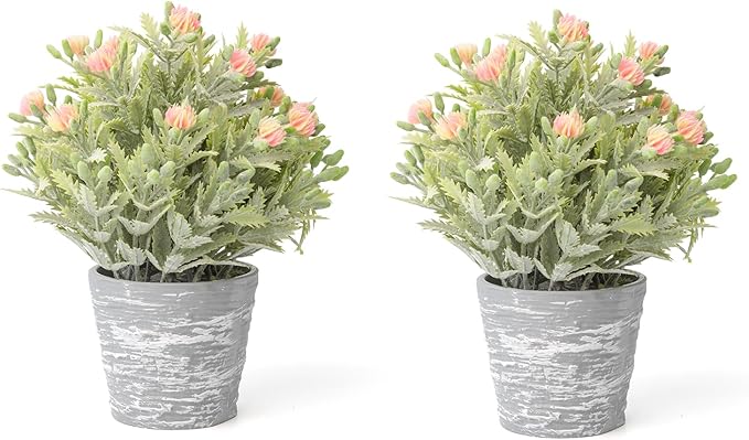 2 Pack Small Desk Plants, Artificial Bathroom Plants Decor with Flower in Vintage Melamine Pots, Faux Plants Indoor for Shelf Decor in Home Office, and Spring Decor (Peach)