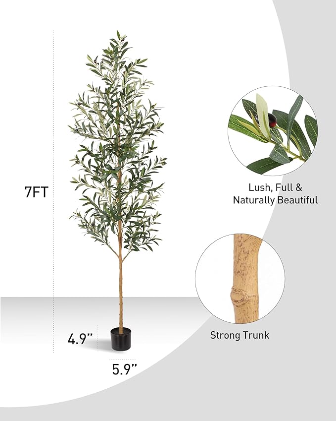 FLOWORLD 7FT Olive Trees Artificial Indoor, Tall Faux Olive Tree 7FT (84in) with Natural Wood Trunk & Realistic Olives, Stable Base, Pet Friendly Artificial Plant for Home Office, Living Room, Outdoor
