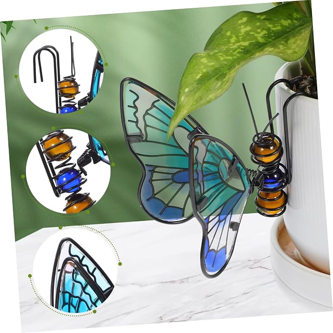 HANABASS 3Pcs Stained Glass Butterfly Plant Pot Hugger Decor - Metal Hanging Flower Planter Ornaments - Outdoor Garden Figurine Art for Potted Plants & Herbs