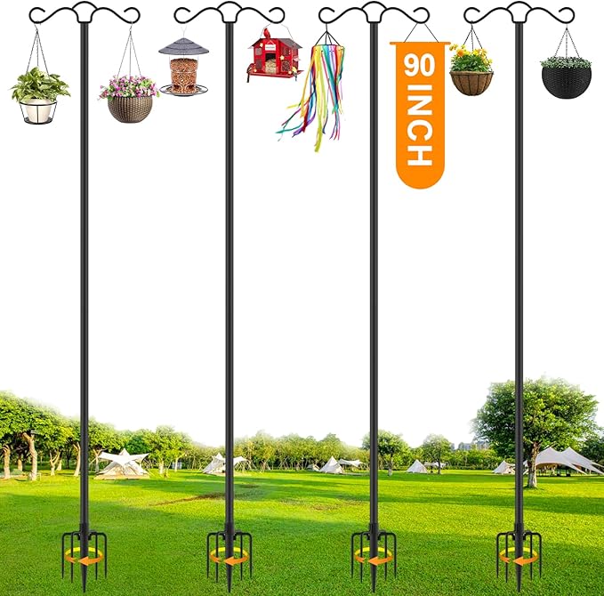 SINLEY Double Shepherds Hook for Outdoor with 5 Prong Base Heavy Duty Two Sided Bird Feeder Pole for Hanging Lantern,Hummingbird Feeder,Lightweight Plant,Shepherds Hook (4 Pack 90 inch)