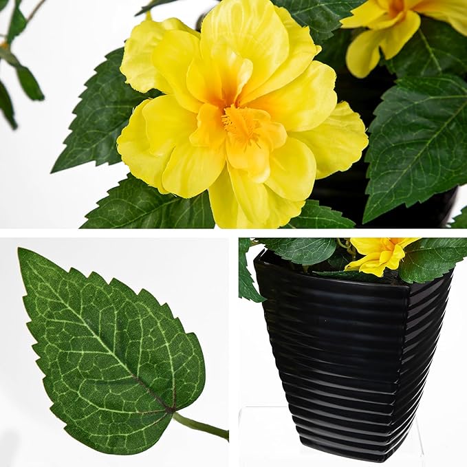 Briful 15.7'' Artificial Hibiscus Plant in Tall Black Woven Planter, Tropical Faux Hibiscus Flowers with Cascading Leaves, Small Fake Flower Pot for Bathroom, Entryway Table, Living Room Decor, Yellow