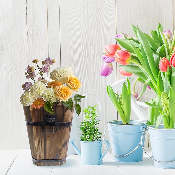 MY MIRONEY Plant Pots, Vintage Wooden Barrel Planter - Solid Rustic Garden Flower Pot with Metal Handles & Frame for Indoor Planter, Office Home Decor, Garden Home Plants, 6.69" x 9.45"