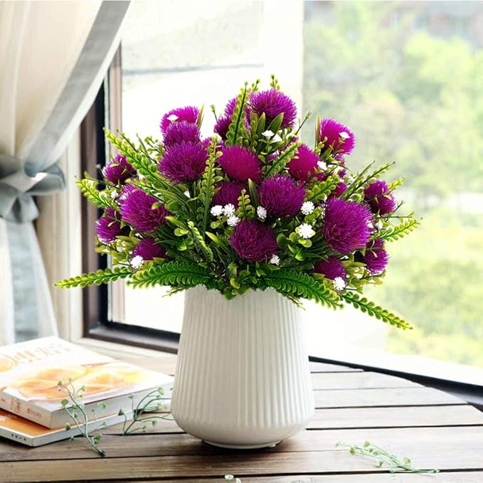 Artificial Dandelion Plants Decor, Fake Plastic Flowers Shrubs Bushes Grass for Indoor Outdoor Home Garden Wedding Party Table Centerpieces Arrangements Decoration Planting Filler Fuchsia 4 Pack