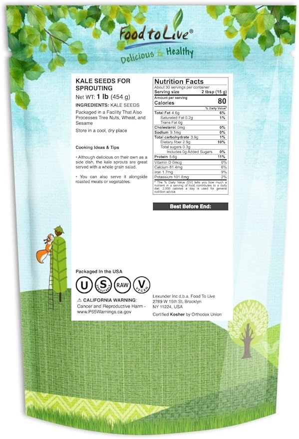 Food to Live - Kale Seeds, 1 Pound - Great for Sprouting and Planting, High Germination Rate, Non-Irradiated, Kosher, Vegan