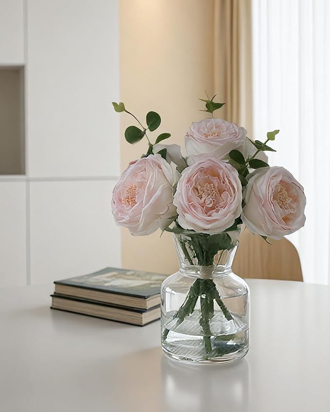 CHASMILE Lifelike Artificial Light Pink Rose Bouquet in Vase - 3D Petals & Stem Design - Table Centerpiece for Wedding, Restaurant, or Home Dining Room