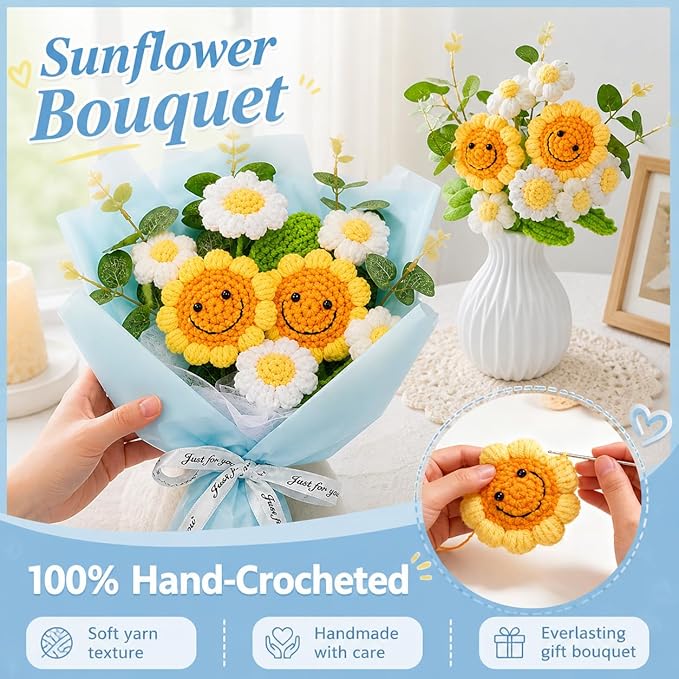 Crochet Flower Bouquet Handmade Knitted Sunflower Artificial Bouquet Positive Crocheted Sunflowers Bouquet with Exquisite Wrap for Valentine Mother's Day Graduation Anniversary（Blue）