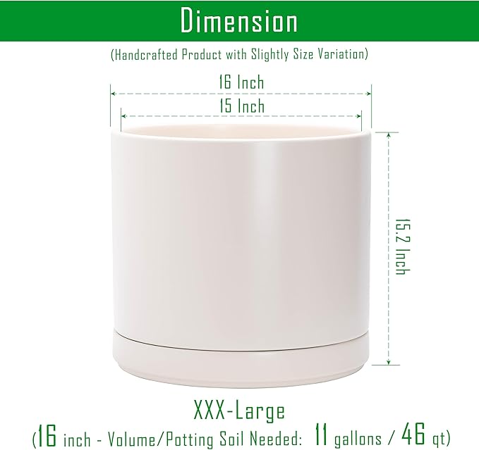 D'vine Dev 16 Inch Ceramic Planter Pot with Drainage Hole and Saucer, Indoor Cylinder Round Planter Pot, Oatmeal, 94-O-H-8