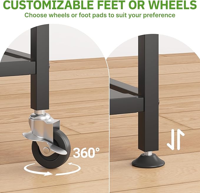 KMOTASUO 2 Tier Black Tall Plant Stand with Wheel for Indoor Outdoor, Heavy Duty Metal Multiple Large Planter Rack for Narrow Corner, Sturdy Iron Vertical Flower Holder for Modern House Patio Bathroom