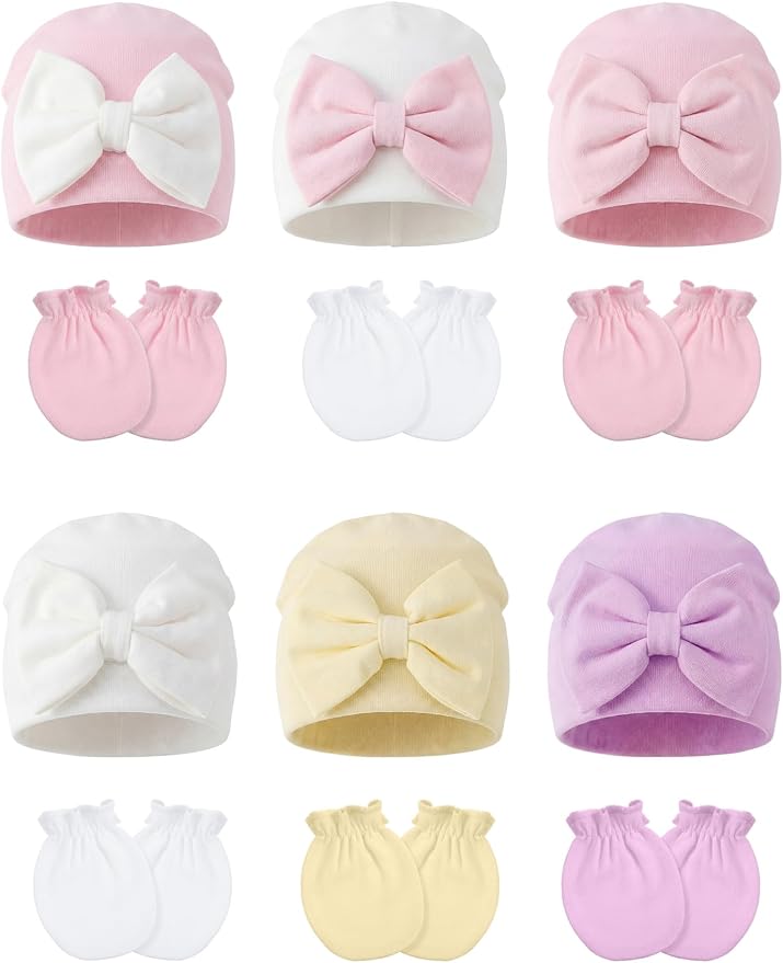 Geyoga 12 Pieces Newborn Hat Mittens Gloves Set Baby Boys Girls Cotton Baby Beanie for 0-12 Months