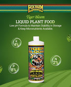 FoxFarm Tiger Bloom Liquid Plant Food - Phosphorus Fertilizer for Buds, Blooms & Flowering - Supports Soil & Hydroponic Systems - High Micronutrient Formula with 2-8-4 Nutrient Ratio - 1 Quart