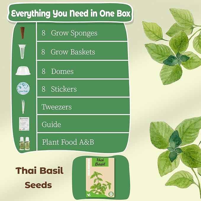 Basil Seed Pods Kit Hydroponic - Refill Herb Pod for All Indoor Herb Garden, 8 Grow Pods with Seeds of Thai Basil & Plant Food, Compatible with All Hydroponics Growing Systems
