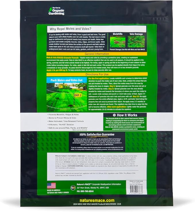 Nature's MACE Mole and Vole MACE, Mole Deterrent for Yard, Mole Repellent for Lawns, Keep Moles Out of Garden, Castor Oil Granules, Vole Repellent Outdoor, Plant & Pet Safe, 22 lb Bag, 17,600 Sq Ft