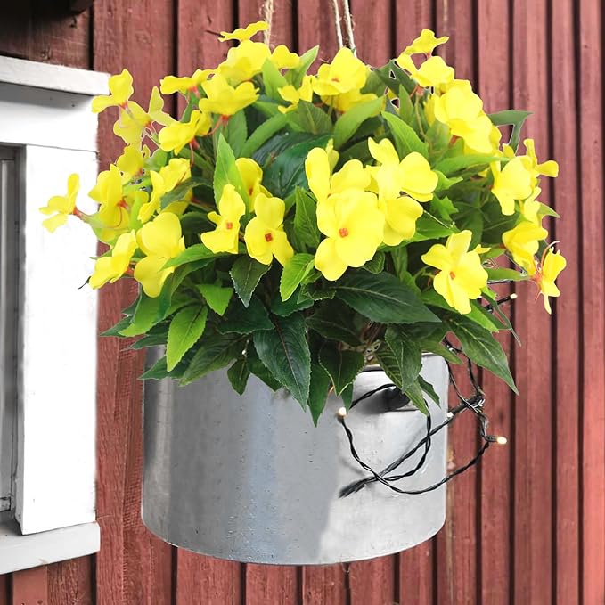 CITYES 4 Pcs Artificial Flowers Outdoor Impatiens UV Resistant Silk Impatiens Flowers Yellow Faux Flowers Impatiens Bushes Artificial Impatiens for Pot Patio Lawn Garden Hanging Basket Porch Decor