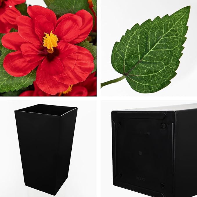 Briful 27.5" Artificial Hibiscus Plant in Tall Black Planter, Large Faux Tropical Flower Arrangement for Front Door Porch Patio Balcony Outdoor Indoor Decoration, UV Resistant Fake Red Hibiscus Tree