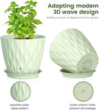 Meowell 7/6.5/6/5.5/5/4.5/4 inch Plant Pots for Indoor Outdoor Plants, 7 Pack Thick Flower Pots with Drainage Holes and Saucers, Modern Wave Texture Plastic Planter Pots for Nursery, Succulent, Green