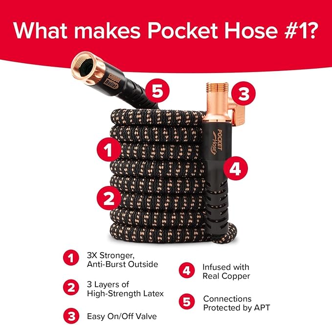 Pocket Hose 75 FT Copper Bullet Expandable Garden Hose w/10 Pattern Thumb Spray Nozzle AS SEEN ON TV 650psi 3/4 in Patented Lead-Free Ultra-Lightweight Solid Copper Anodized Aluminum