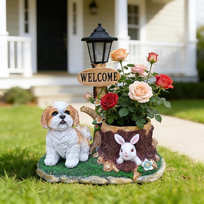 Animal Outdoor Statue Planter Solar Light Welcome Garden Sculpture Resin Flower Pot Decorative Porch Patio Yard Lawn Entryway Figurine with LED Lamp Rustic Plant Holder Ornament Courtyard (E)