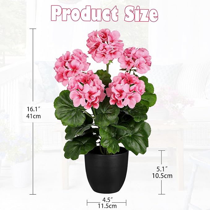 Briful 16” Geraniums Artificial Flowers Realistic Potted Plant – Pink Fake Geraniums for Outdoors, Silk Flowers Artificial Outdoor Plants for Indoor Home Decor, Farmhouse Table Centerpiece Decoration