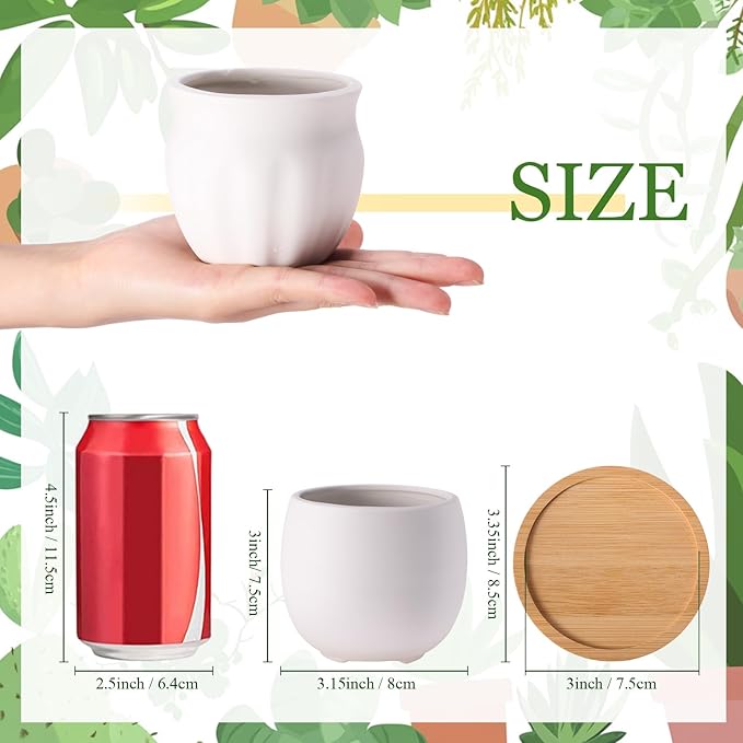 Remerry 6 Pcs 3.5 Inch Mini Succulent Pots with Bamboo Tray White Ceramic Pots Color Your Own DIY Small Planters Containers for Flower Cactus with Drainage Hole for Plant Lover
