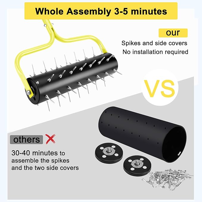 21" Rolling Lawn Aerator, 45 Preassembled Spikes, Only Needs 3-5 Minutes to Assemble, No Looseness, Good Package, 75" Long Handle with Quick Clip Connections, U-Shape Construction - Yellow.