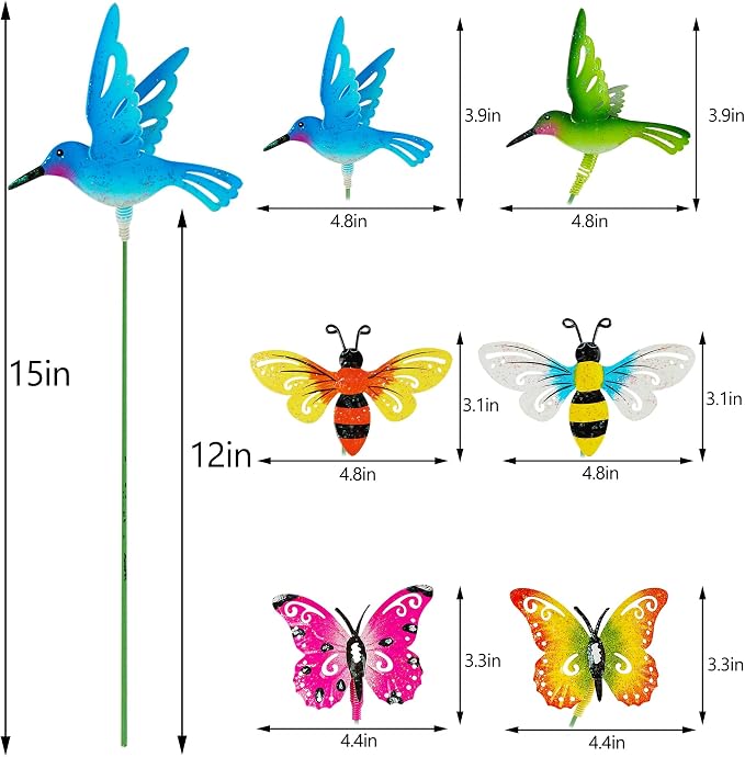 Juegoal 6 Pack Metal Yard Stakes Spring Decor, 15 Inch Outdoor Metal Colorful Butterfly Hummingbird & Bee Shaking Head Yard Art, Rust Proof Plant Sticks for Yard Lawn Pathway Patio Ornaments