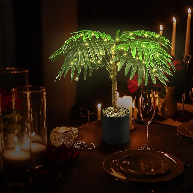 20'' Lighted Palm Tree Faux Plant with LED Lights - USB & Battery Box Powered - Artificial Palm Tree for Living Room, Home Decor, Indoor Decoration (Palm Leaf)