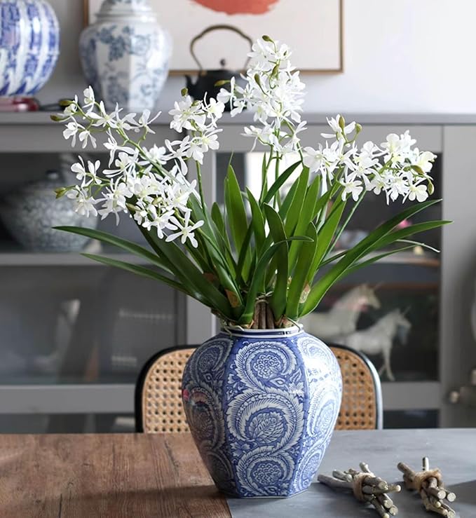 3pcs Artificial Cymbidium Orchid Flowers That Look Real, Faux White Orchid Stems for Vases, Silk Flowers Arrangement for Home Office Farmhouse Indoor Tables Centerpieces Decoration (White)