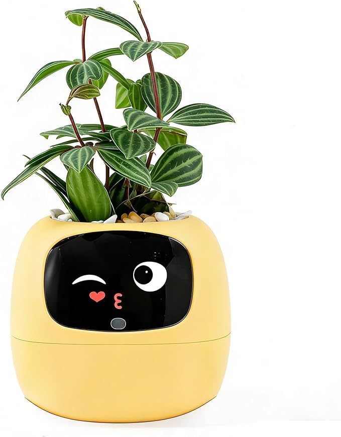 Intelligent Flower Pot, Electronic Bud, Maintenance Plant Assistant, Fun Interactive Flower Pot, Indoor Green Planting Monitoring, LCD Screen Display, Cell Phone APP Connection (Yellow)