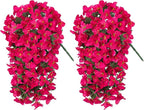 2 pcs Artificial Faux Bougainvillea Flowers Plants for Outdoor Outside Summer Decoration, Fake Silk UV Resistant Long Trailing Vines for Front Door Porch Planter Balcony (Purple Rose Red)