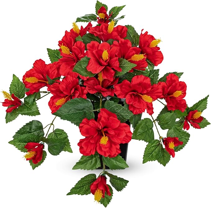 Briful Artificial Hanging Hibiscus Flowers in White Pot, Tropical Faux Hibiscus Plant with Removable Decorative Planter, Red Trailing Flower Basket for Porch Patio Balcony Indoor Outdoor Home Decor