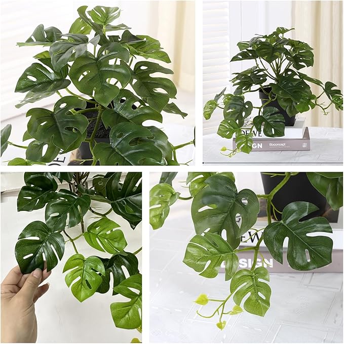 Artificial Monstera Plants, Fake Tropical Palm Small Potted Faux Hanging Greenery Mini Plants for Indoor Outdoor Home Office Garden Houseplants Pot Decor Wedding Party DIY Decoration - Green 2 Pack