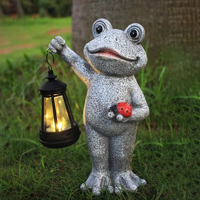 Frog Garden Statue Gifts Decor with Solar Outdoor Lantern for Patio Pathway Art Housewarming for Yard Decoration Lawn Ornament Gardening Gifts for Women Mom Grandma