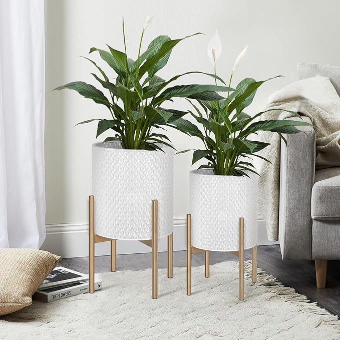 Oakrain Planters for Indoor Plants, Set of 2 Modern Planter with Stand, Decorative Metal Planter Pots for Living Room, Office, Garden, Balcony, 8"&10", Off-White