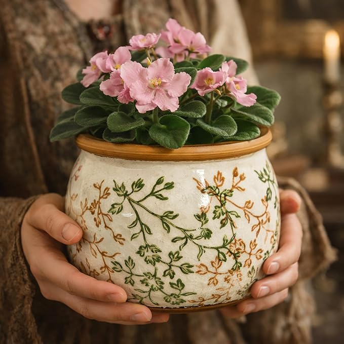 Vintage Ceramic Flower Pots - Indoor Outdoor Planters with Drainage Holes & Filter Screen, 6.5’’& 9’’ Rustic Farmhouse Decorative Plant Pots for Garden/Patio (Bicolor Vines, Small to Large Bundle)