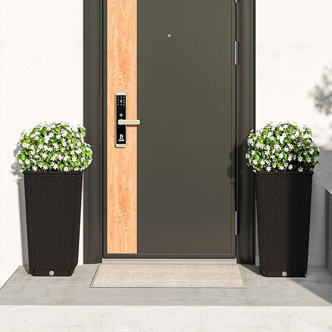 Giantex Set of 2 Outdoor Wicker Flower Pot, 23 Inch Tall Planters with Drainage Hole, Self-Watering Tray, Rattan Flower Pots, Indoor Outdoor Decoration for Front Porch Balcony Entryway (Dark Brown)