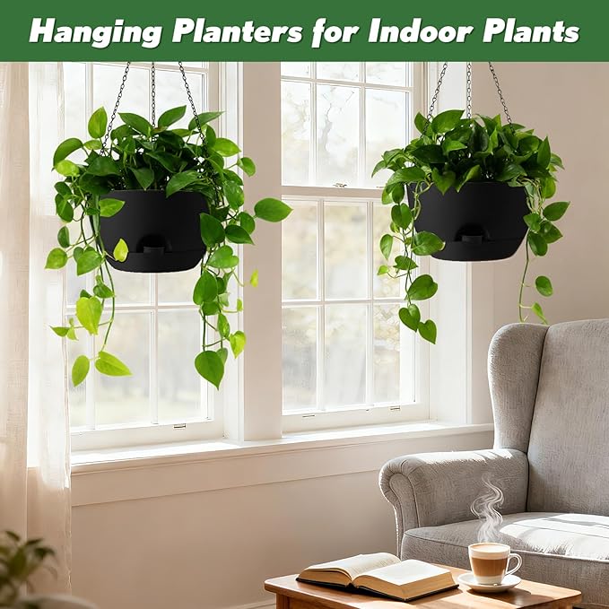 13-inch Oversized Hanging Planter Set of Two,Planters for Indoor and Outdoor Plants.Place Plant pots Across Diverse Settings Including windowsills,Living Room,and Gardens.Black
