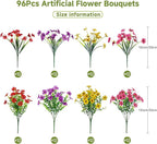 Alupssuc 96 Bundles Artificial Flowers for Outdoors Decoration, UV Resistant Silk Faux Daisy Flora Spring Fake Plastic Plants Greenery for Outside Indoor Yard Home Porch Window Box Decor, Mix 4 Colors
