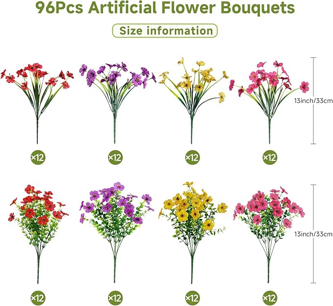 Alupssuc 96 Bundles Artificial Flowers for Outdoors Decoration, UV Resistant Silk Faux Daisy Flora Spring Fake Plastic Plants Greenery for Outside Indoor Yard Home Porch Window Box Decor, Mix 4 Colors
