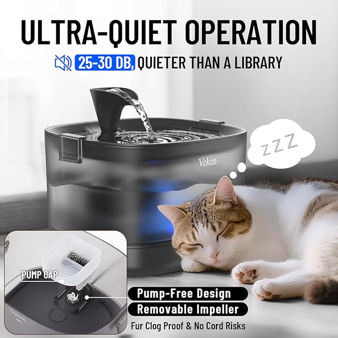 Veken Cat Water Fountain with Detachable Tank & Secure Clips, 6 Filters & Sponges, Easy to Clean & Assemble, 85oz/2.5L Quiet Pet Drinking Dispenser with LED Light for Cats, Dogs and Small Pets, Black
