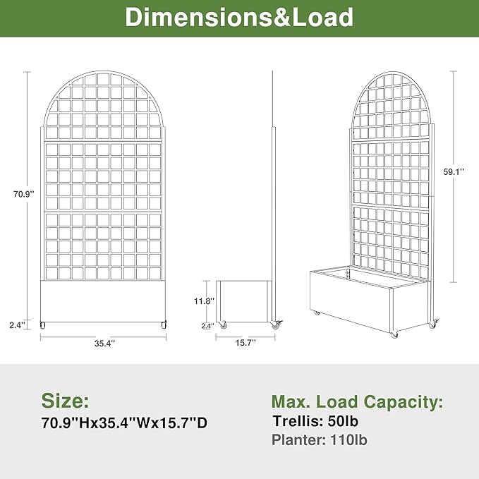 Casaphoria Metal Raised Garden Bed with Trellis and Wheels, 72"x35"x16" Arched Planter Box for Climbing Plants, Vegetables & Vines, Features Drainage Holes and Privacy Screen, White-Grid