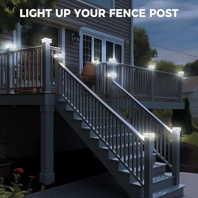 Peasur 6 Packs 4x4 Post Solar Lights with 3 Modes, Waterproof LED Solar Powered Cap Lights for 4×4/3.5×3.5 Wood/Vinyl Posts, White Post Top Lighting Outdoor for Fence Deck Mailbox Porch Railing