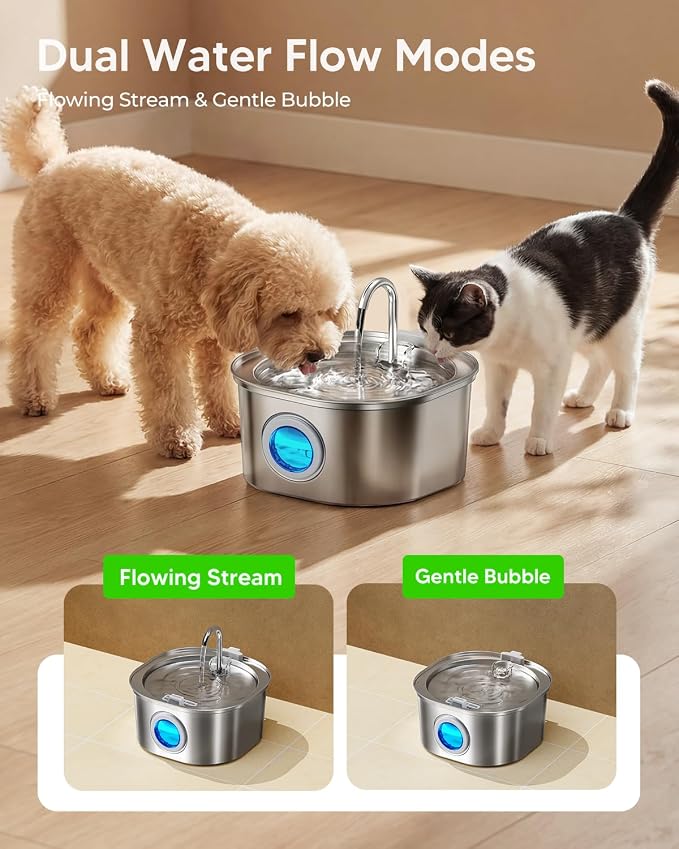 PEKTACO Stainless Steel Cat Water Fountain, 3.2L/108oz Cat Water Dispenser with Quiet Water Pump, Dishwasher Safe Pet Drinking Fountain for Cats