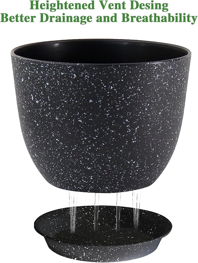 UOUZ 12inch Large Plant Pot, Modern Plastic Planter with High Driange Holes and Saucer for Indoor Outdoor Garden Plants and Flowers, Black Speckles