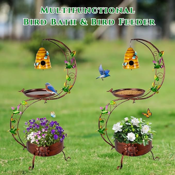 DREAMSOUL Bird Bath with Flower Planter, Vintage Copper Birdbath with Bird House, Metal Bird Bath for Outside Garden Yard